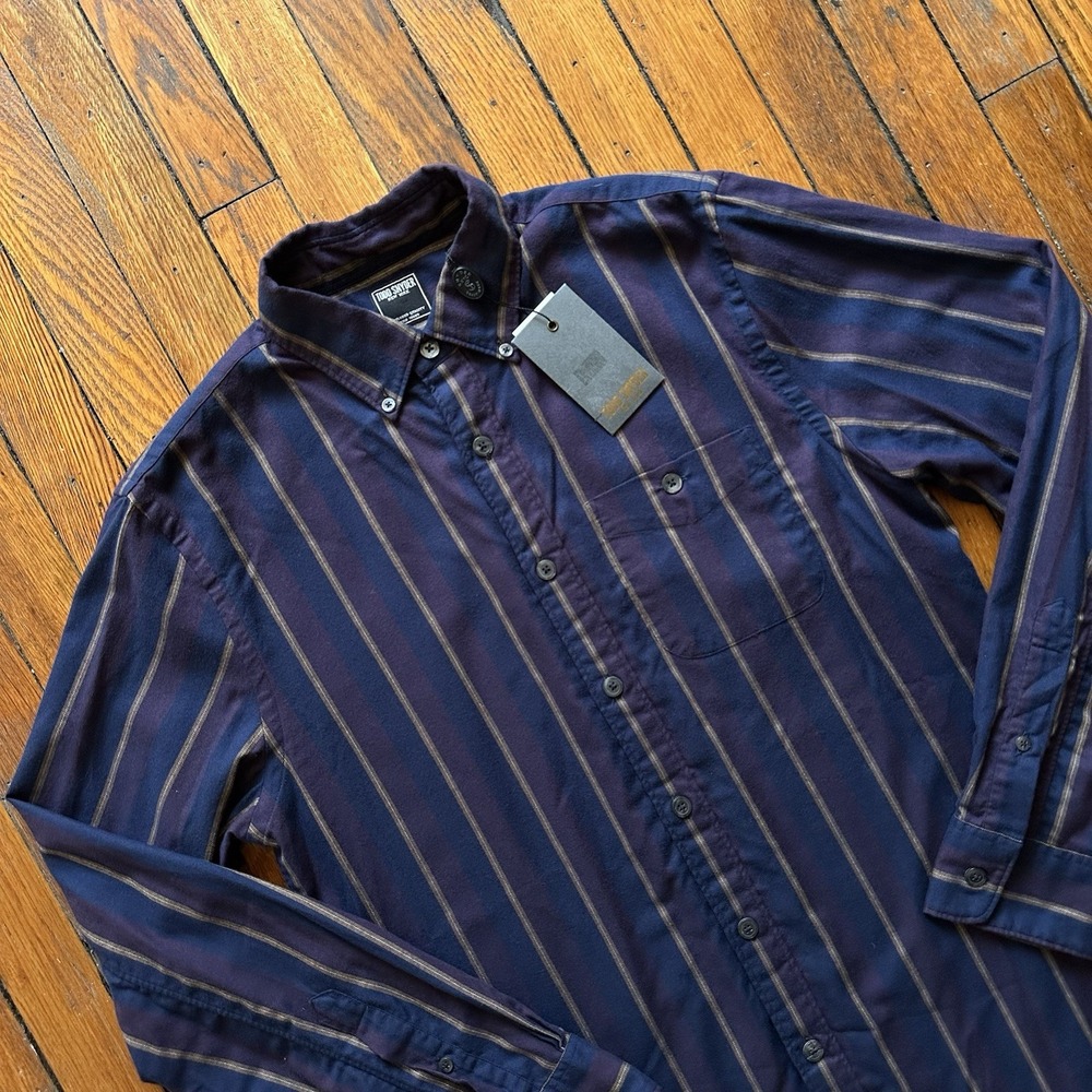 NWT Todd Snyder Stripe Buttonn Down Flannel Shirt Men Small‎ Navy Plum Preppy - Picture 2 of 9